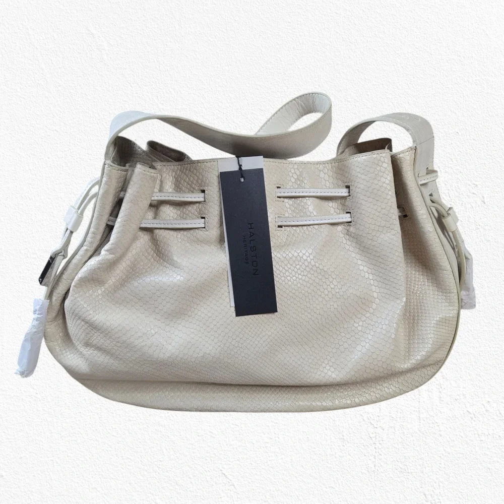 Halston Heritage Snakeskin Leather Drawstring Shoulder Bag Ivory Designer Purse